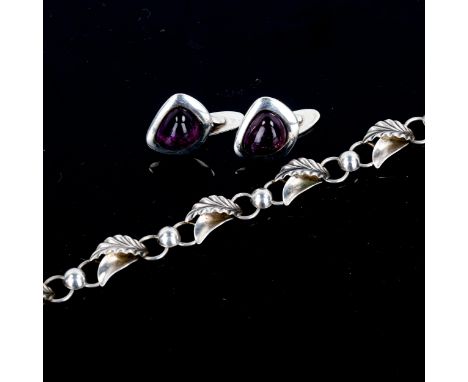 A Vintage Danish silver leaf pattern necklace, length 43cm, and a pair of silver amethyst cufflinks, by Viggo Wolny, 34.4g to