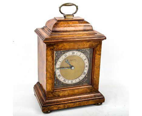 An early/mid-20th century Mappin & Webb burr-walnut bracket clock, brass dial with Roman numeral chapter ring and blued steel