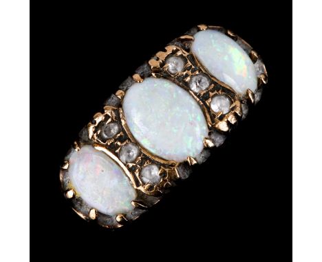 A large late 20th century 9ct gold opal and paste half hoop ring, set with oval cabochon opals and round-cut paste, hallmarks