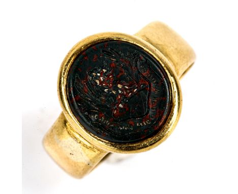A heavy Victorian 18ct gold bloodstone seal signet ring, lion head crest with motto 'Heb dduw heb ddim, dhuw a digon' - 'With