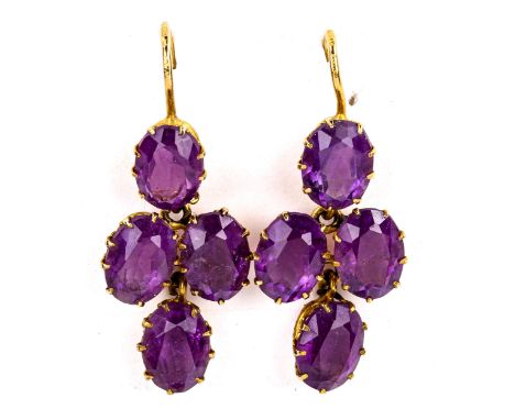 A pair of late 20th century 9ct gold amethyst drop earrings, set with oval mixed-cut amethyst with shepherd hook fittings, ha