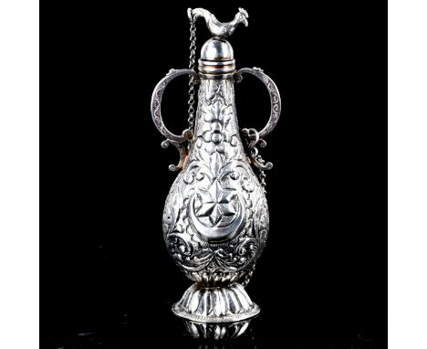 An 18th century Spanish Colonial unmarked silver perfume flask, relief embossed foliate decoration with rooster finial, heigh