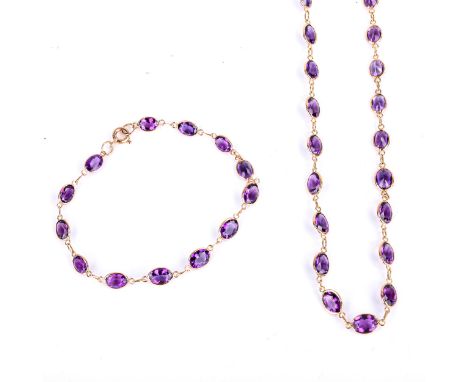 A modern 9ct rose gold matching line amethyst necklace and bracelet set, bezel set with oval mixed-cut amethysts, lengths 44c
