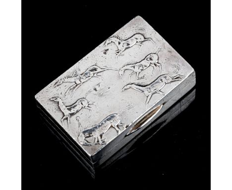 An Elizabeth II silver horse pillbox, plain rectangular form with horse decorated lid and engine turned base, with gilt inter