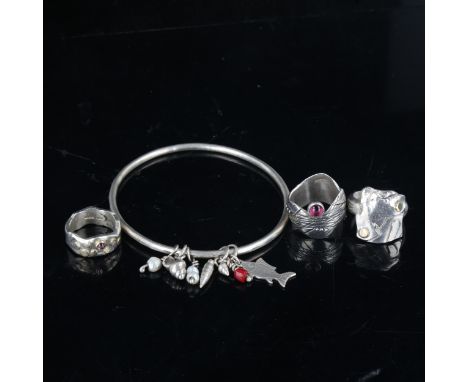 **DESCRIPTION CHANGE** JULIE TUCKER WILSON - 3 x pieces of handmade silver jewellery, comprising charm bangle, and 2 x rings,