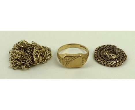 A 9ct gold signet ring, size T, a gold chain, and a further yellow metal chain. (3)