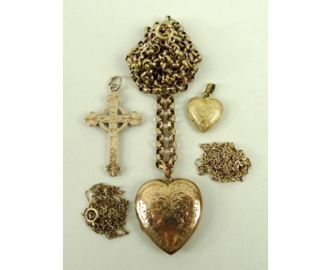 A 9ct chain with heart shaped locket pendant, a 9ct gold cross, and a heart shaped pendant, 9ct gold weight 18.2g, and two 14