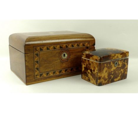 A Tunbridge ware jewellery box with flat domed lid, tray below and mother of pearl escutcheon and lock plate, 25 by 17 by 14c