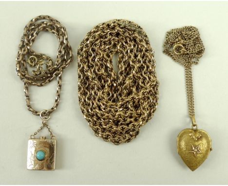 A gold pendant in the form of a square bottle inset with turquoise stone, with gold chain, 8.4g total, a heart shaped pendant