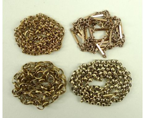 A group of three 9ct gold chains comprising a figaro bar link chain, an open link chain and a further chain necklace, 15.6g t