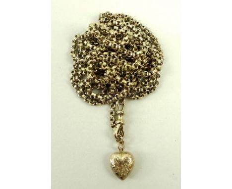 A 9ct gold chain with heart shaped pendant, 74cm, 33.2g total weight. 