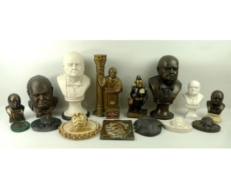 A group of Winston Churchill portrait plaques and busts, including bronzes, a bust of 'Winston the Winner', and an Ezra Brook