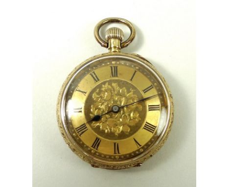 A Victorian 18ct gold cased lady's open faced pocket watch, keyless wind, with Roman numerals to the chapter ring, blued hand