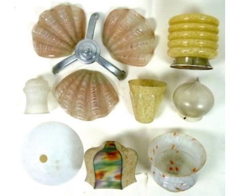 Art Deco wall light fitting, with three pink shell shaped glass shades on a chrome base, together with Art Deco and 1930's gl