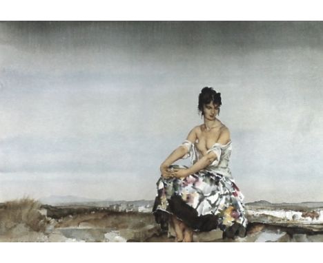 After Sir William Russell Flint, R.A., P.R.W.S. (1880-1969): a girl in a floral dress, with Spanish village on the low skylin