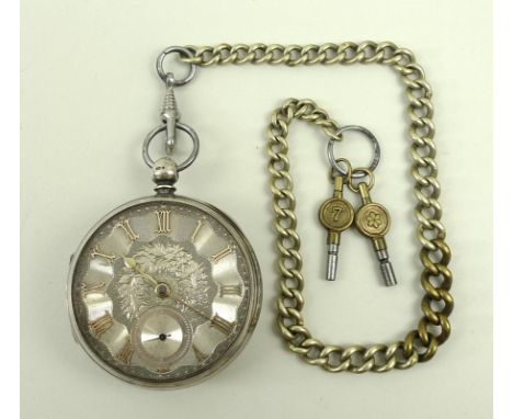 A gentleman's silver cased pocket watch, with engine turned case, engraved silvered dial with Roman numerals and subsidiary s