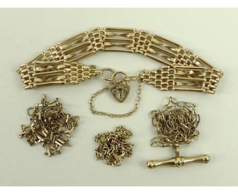 A 9ct gold five bar gate bracelet with heart shaped lock, 15.3g, a chain with T bar, and two further chains, 15.4g. (4)