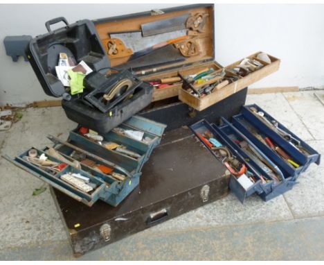 A 1955 carpenter's tool chest, hand built, containing tools of the trade, including Stanley 5 1/2 inch jack plane, and Record