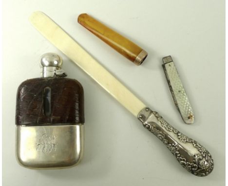 A group of gentleman's collectables, comprising a William IV silver and mother of pearl folding fruit knife, with bright cut 