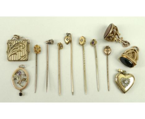 A group of seven stick pins and further jewellery, including a diamond stick pin, the central diamond of approximately 0.25ct