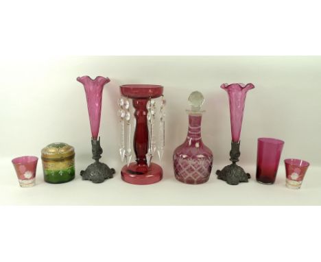 A collection of glassware comprising a pair of 19th century cranberry flutes, 22cm, a cranberry lustre with six clear cut gla