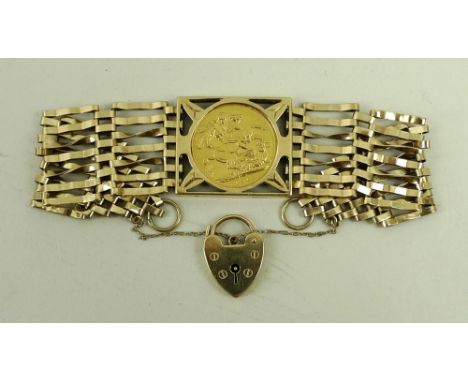 A George V sovereign, 1912, in a square mount on a 9ct gold seven bar bracelet, with safety chain and lock, 24.7g total.