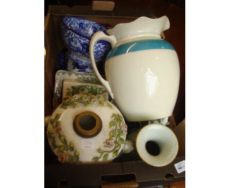 A Continental hard paste oil lamp reservoir, formed of four putti with rose garlands (a/f) and other china. 