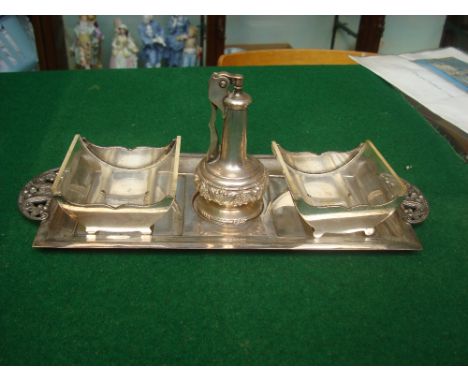 A rare 1940's Ronson silver plated 'Decanter' cigarette tray set comprising 'Decanter' cigarette lighter, a pair of cigarette