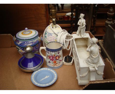 A Parian ware planter, very a/f together with a Poole Pottery biscuit barrel, a Poole Pottery lamp etc. 