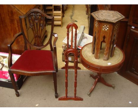 A reproduction mahogany low drum table, with leather inset top, a towel rail, a Sheraton style mahogany armchair and an a/f M