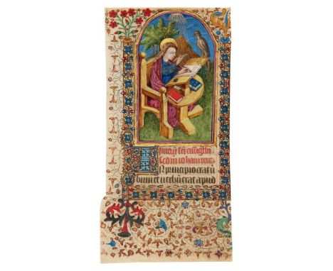 Leaf from a lavishly illuminated Book of Hours, with its miniature filled in by a modern artist, in Latin, manuscript on parc