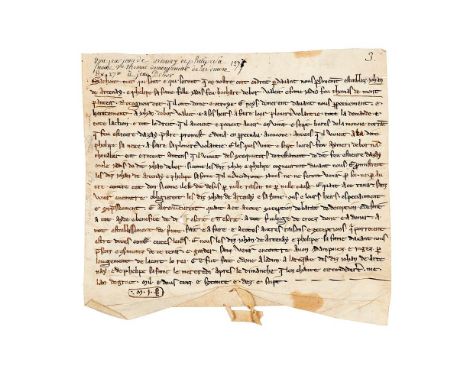 Grant by Johan de Arcenay and his wife Phelipe, to her paternal relative, Johan Debor Valeit, of their rights and interest in
