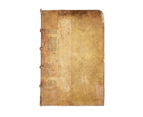 Fragments of bifolia from a manuscript of Gratian, Decretum, in Latin, on parchment, still in situ on the binding of two volu
