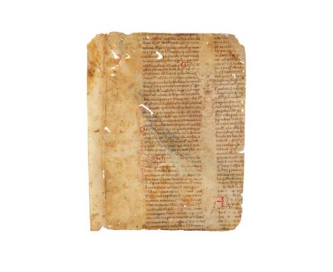 Thomas Aquinas, Summa Theologica, in Latin, a leaf and a book-board with fragments and offset from a lost leaf, both from a f