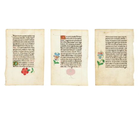 Three leaves from a Book of Hours, each with delicately painted flowers and in one case a jewel, attributable to Cornelia van