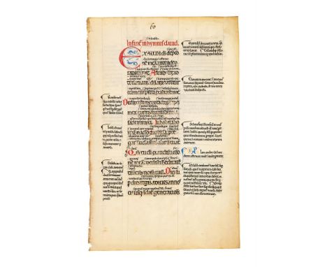 ‡ Two leaves from a Glossed Psalter, one with elegant coloured initials, in Latin, manuscript on parchment, with a contempora