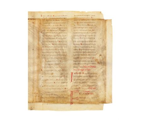 Bifolium from a Sacramentary, in Latin, manuscript on parchment [Italy, early twelfth century] Two conjoined leaves, with edg