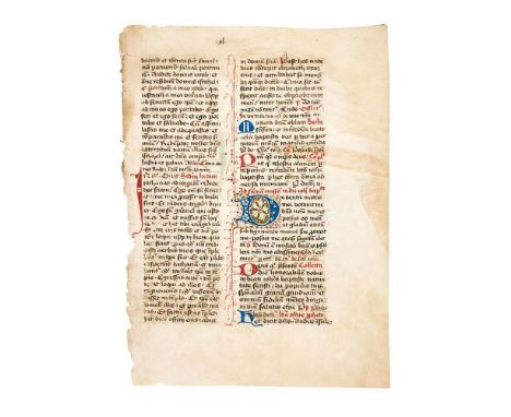 Leaf from a Missal, with a charming decorated initial, in Latin, decorated manuscript on parchment [Low Countries, fourteenth