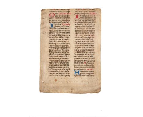 Bifolium from a large and handsome Missal, in Latin, decorated manuscript on parchment, in situ on the binding of a manuscrip
