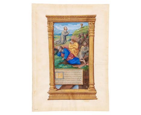 The Agony in the Garden, a large miniature from a Book of Hours, with a text leaf from the same, in Latin, illuminated manusc