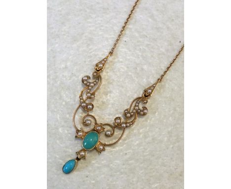 A good Victorian turquoise and pearl fringe necklace with barrel clasp set in 18 carat gold. Approx. 6 grams. Est. £150 - £20