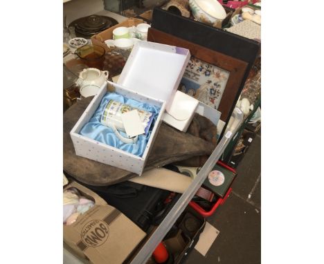 Box of misc including vintage bellows 