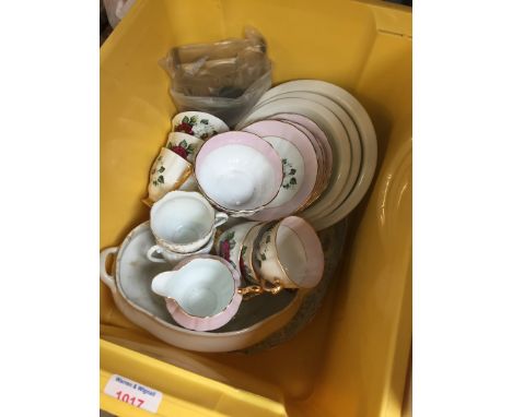 Box of china teaware and glass inkwell 
