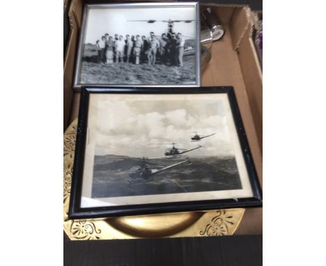 1 Box of misc items including 2 vintage helicopter photos 