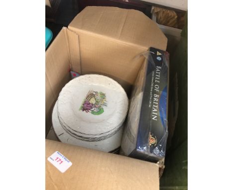A box of plates by Alfred Meakin and Battle of Britain gift set 