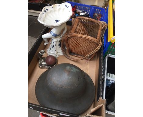 Box with tin helmet, basket and other items 