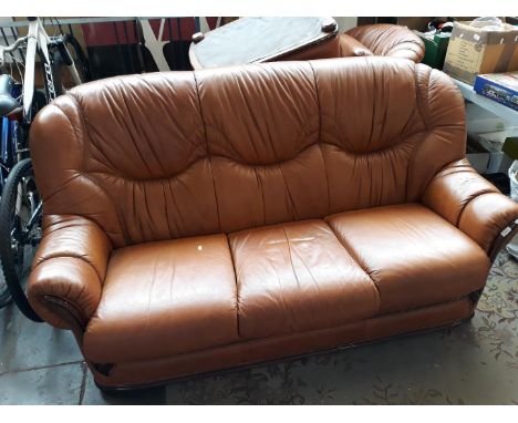 Light brown leather three piece suite with wood fronts 
