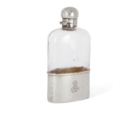 A Victorian silver mounted glass hip flask, London, 1880, Brockwell &amp; Son, with removable silver cup and hinged cap with 