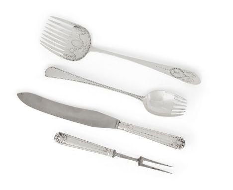 A late 18th century Irish silver bright-cut engraved serving fork, Dublin, c.1790, the Celtic Pointed terminal engraved with 