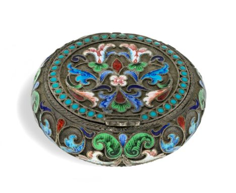 A Russian cloisonné enamel snuff box, Moscow, c.1880, Ivan Saltykov, 84 standard, of circular form, the hinged lid, base and 